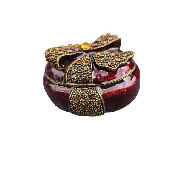 Unknown Other - Red Vintage Amber Jeweled Oval Trinket Box Bow Magnetic Closure